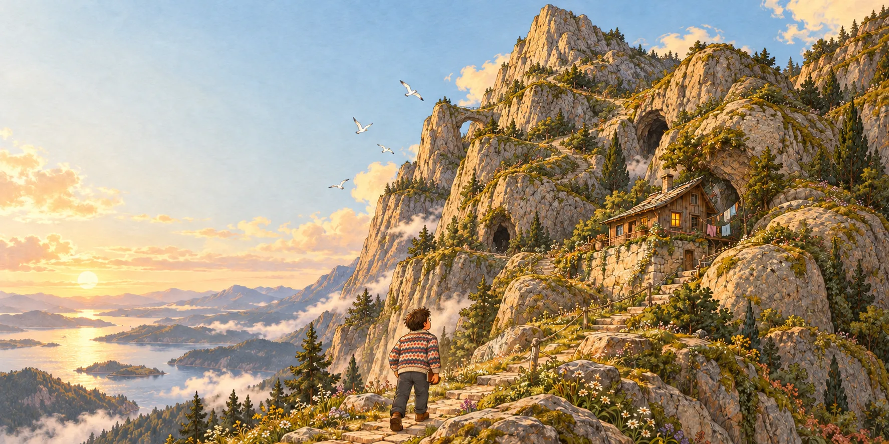 Diego, de dos, gravit un sentier de montagne vers une petite maison nichée dans la roche, au coucher du soleil.